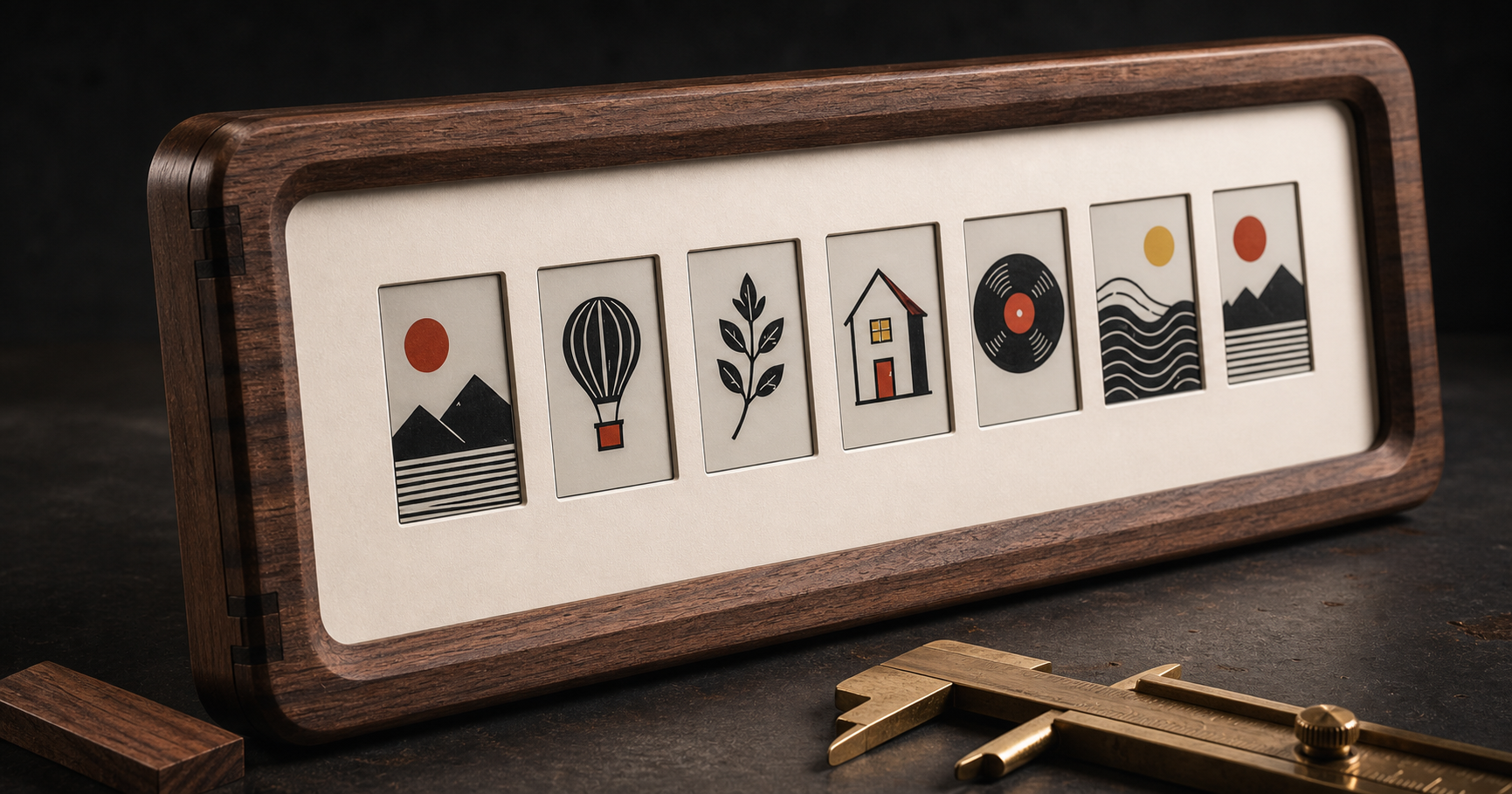 Close-up of InkTimber’s walnut frame and seven e-ink screens