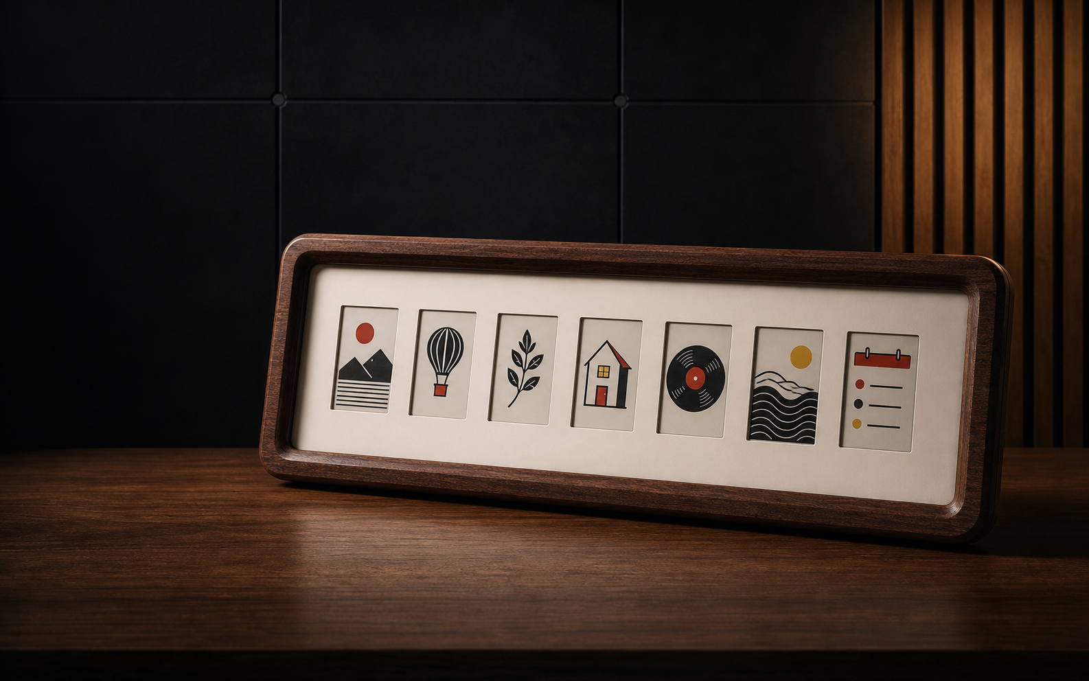 Seven-screen InkTimber frame in a cinematic walnut and graphite studio