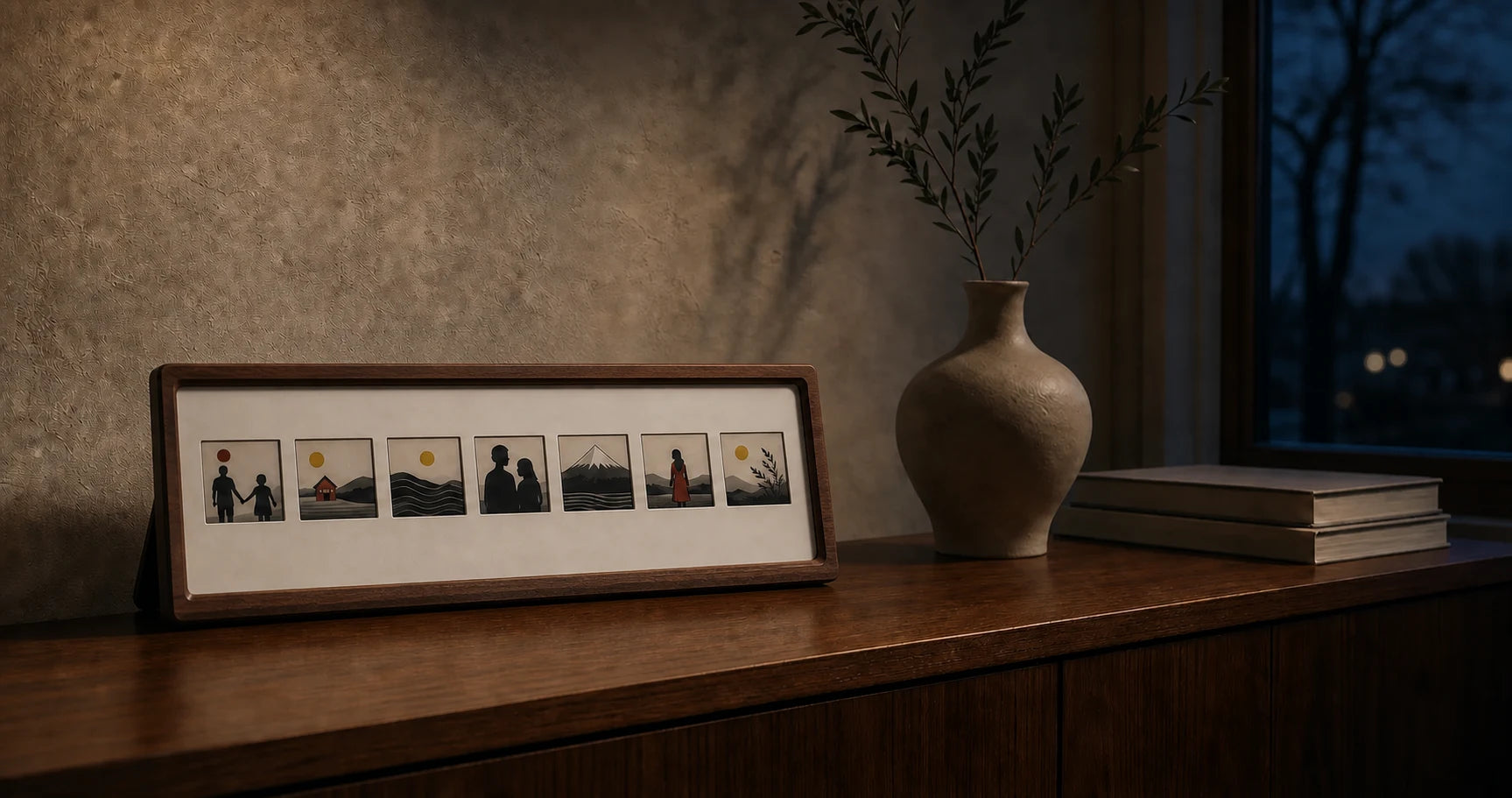 InkTimber displaying a family story in a calm evening interior