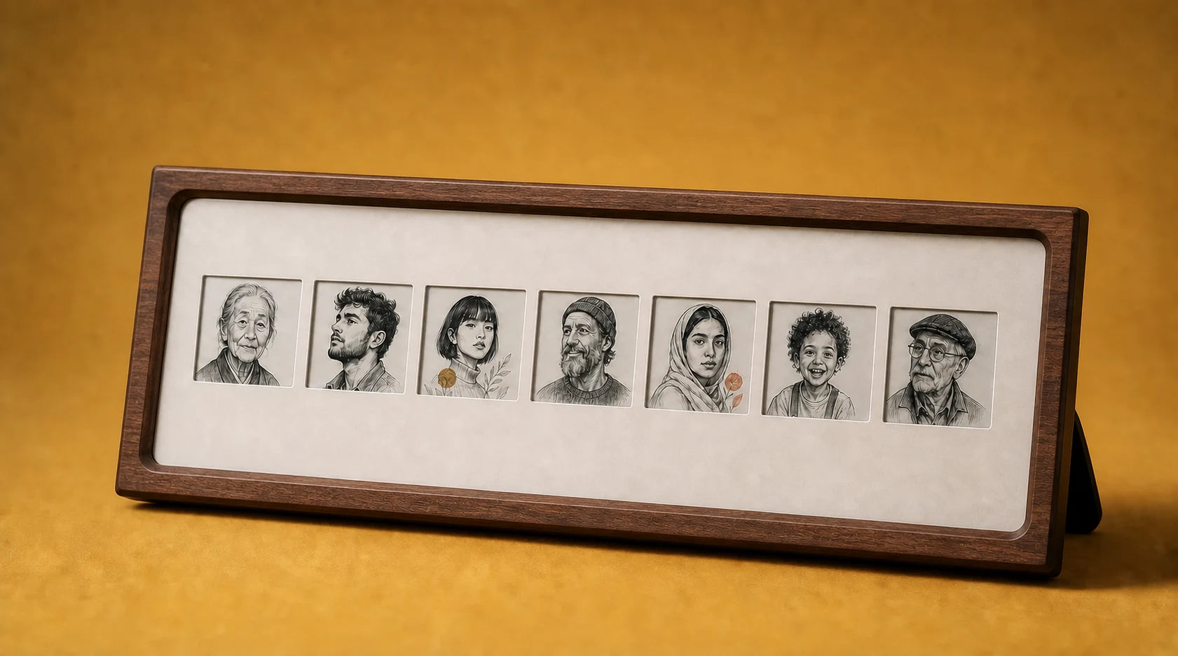 InkTimber showing seven black-and-white sketch portraits